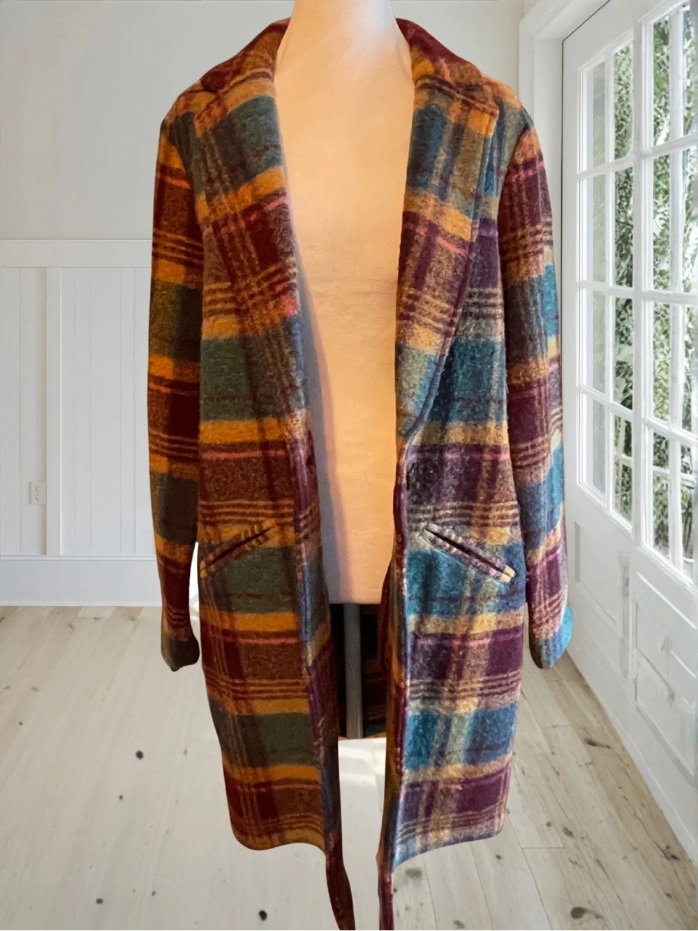 RACHEL ZOE Womens Large Plaid Wool Blend Overcoat NWOT Teal Gold Burgundy Coat - Picture 4 of 14
